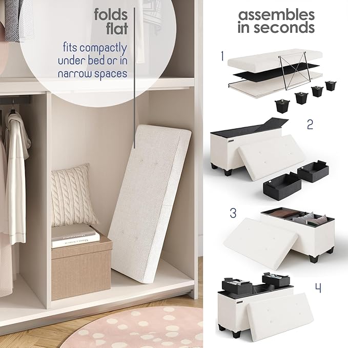 STORAGEBUD Storage Ottoman Bench with Bins, 30-in Storage Bench for Bedroom End of Bed, Folding Foot Rest Ottoman for Living Room Max 660lbs, Fabric Ottomans, Beige