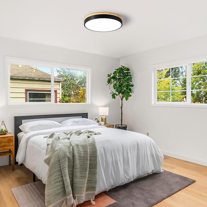 Dimmable Wood LED Ceiling Light Fixture, Black Round Low Profile Flush Mount Ceiling Lighting, Modern 5CCT 2700K-6000K Ceiling Lamp for Living Room Hallway Kitchen Bedroom, 15.8in