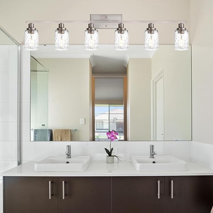 MELUCEE 6-Light Bathroom Vanity Light Brushed Nickel Finish with Clear Hammered Glass Shade, Industrial Wall Light Fixtures for Bath Mirror Bedroom Dressing Table (Patent No.: US D963914 S)