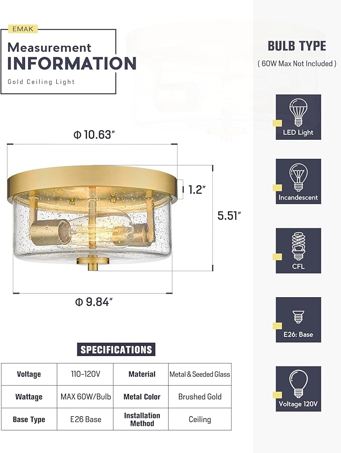 Emak Brushed Gold 2 Light Flush Mount Ceiling Light Fixture, 11 Inch Close to Ceiling Light Fixtures with Seeded Glass Shades for Hallway, Kitchen, Bathroom, Dining Room, FM082-GD