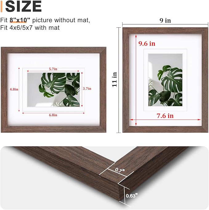Egofine 8x10 Picture Frame Made of Solid Wood with Plexiglass, Display Pictures 4x6/5x7 with Mat or 8x10 Without Mat for Tabletop and Wall Mounting, Rustic Brown