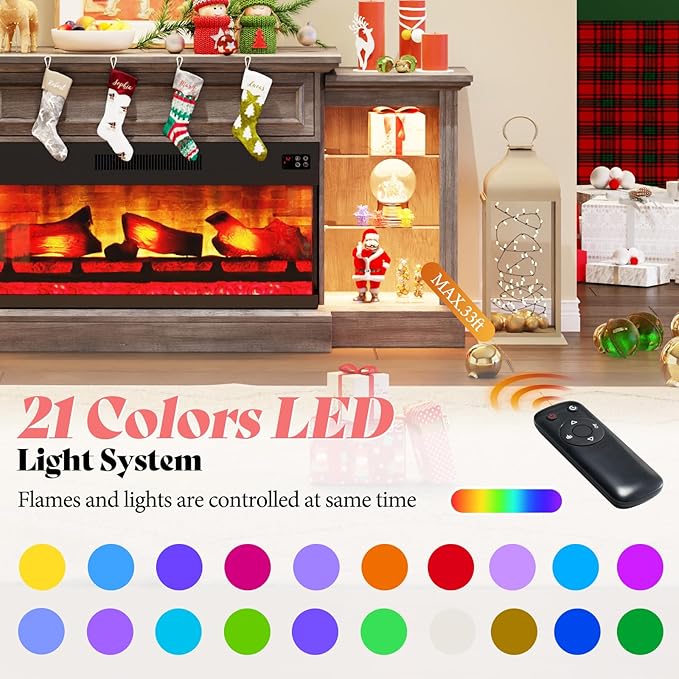 AMERLIFE 70" Electric Fireplace with Mantel, Farmhouse 3-Sided Fireplace TV Stand for TVs up to 75 Inch, Entertainment Center with Adjustable Shelves & LED Light, Rustic Grey