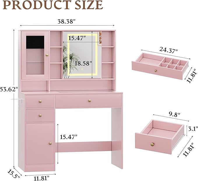 Vanity Desk with Mirror and Lights Makeup Vanity Desk with Lights 3 Colors 38" Dressing Table with Drawer and Cabinet for Bedroom Transparent Glass Top Power Outlet for Bedroom Pink