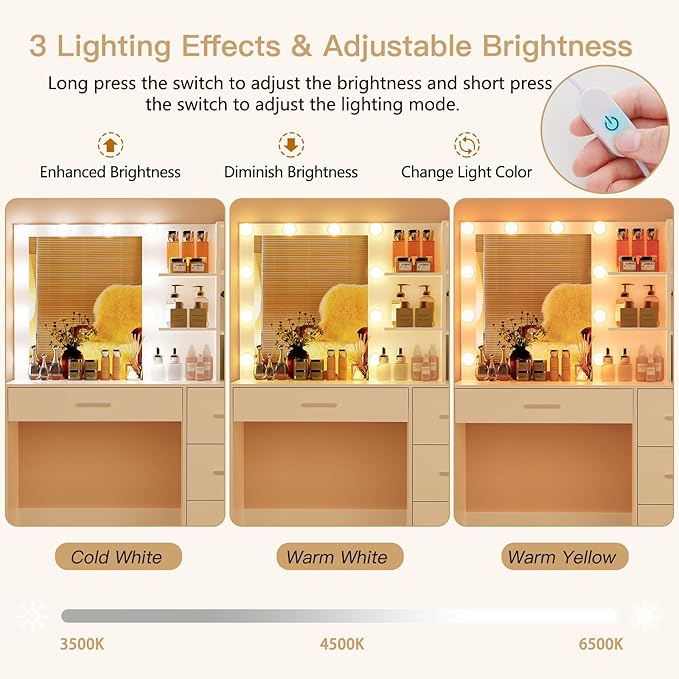 usikey Makeup Vanity with Lights, Vanity Desk with Mirror and 10 LED Lights, Vanity Table Set with 4 Drawers, Cabinet & 4 Necklace Hooks, Dressing Table for Bedroom, White