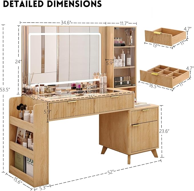 52" Fluted Vanity Desk with Large 34" Mirror and Lights 3 Colors, Big Makeup Vanity Desk with Transparent Top & Power Outlet, Dressing Table with Drawers, Side Cabinet, Dresser for Bedroom (Oak)