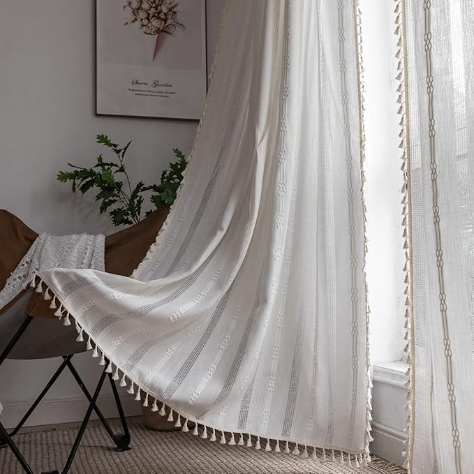 Boho Curtains Embroidery Linen Curtains 108 Inches Long 2 Pannels for Bedroom Off White Country Farmhouse Curtains Light Filtering Curtains for Living Room Rod Pocket Drapes(52" W x 108" L,White)