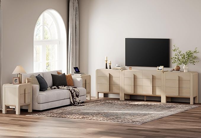 WAMPAT 5 Piece Dresser and Nightstand Sets for Bedroom, Modern 47.2" Wide 6 Drawer Chest & 3 Drawer Dresser Set of 2, and Nightstand Set of 2 with Charging Station for Bedroom, Living Room, Light Oak