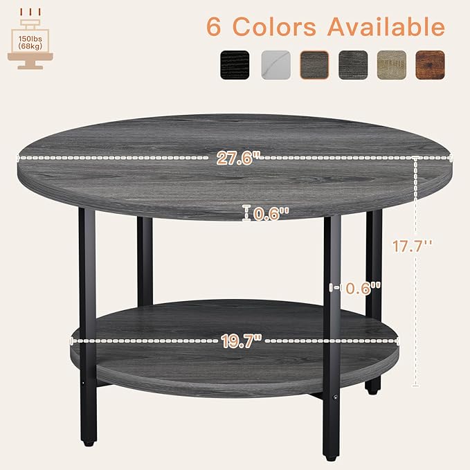Coffee Table, 2 Tier Coffee Tables for Living Room, Round Coffee Table with Storage, Floor Table for Bedroom, Home Office, Grey (27.6" D x 17.7" H)