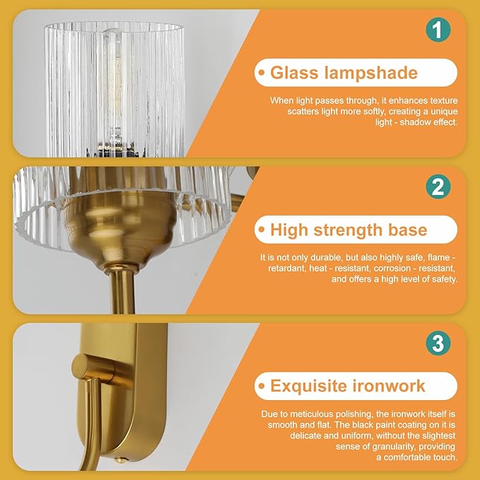 Gold Bathroom Sconces Set of 2, Modern Wall Sconce with Clear Glass Shade, Indoor Farmhouse Wall Sconce for Living Room, Bedroom, Hallway, Stairwell and Kitchen