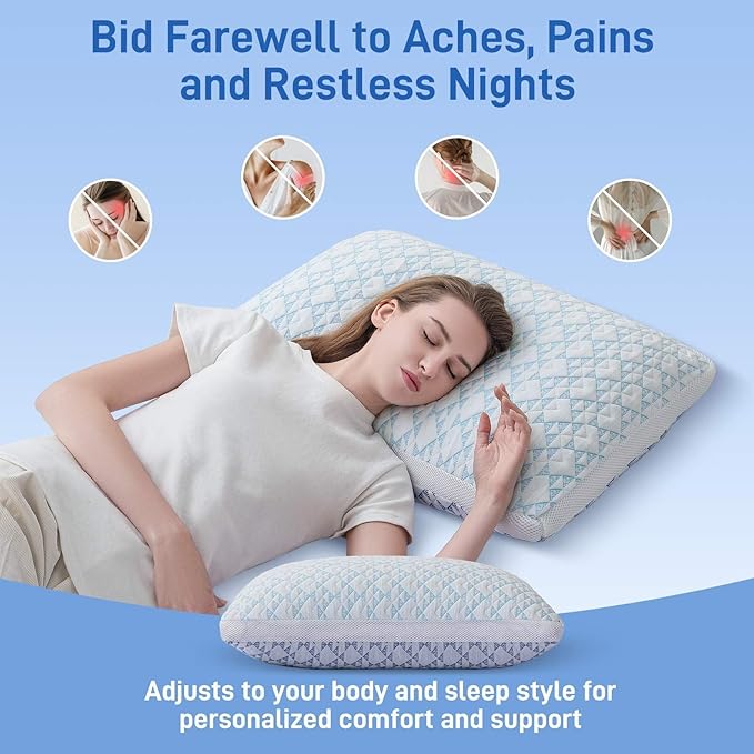 Shredded Memory Foam Cooling Soft Bamboo Viscose Pillows Queen Size Set of 2, Adjustable Hypoallergenic Hotel Quality Bed Pillows for Stomach, Back and Side Sleeper, Oeko-TEX Certified