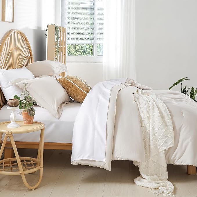 weigelia Twin Comforter Set 5 Pieces Beige Bed in A Bag Soft Queen Bedding Set Lightweight Comforter Set for Women and Men（Comforters, Flat & Fitted Sheets, Pillowcases & Shams）