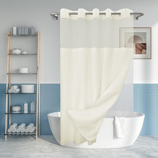 Extra Long No Hook Slub Textured Shower Curtain with Snap-in PEVA Liner Set - 71" x 98"(96"), Hotel Style with See Through Top Window, Cream Fabric Curtain & Waterproof Liner, Sand, W71xH96