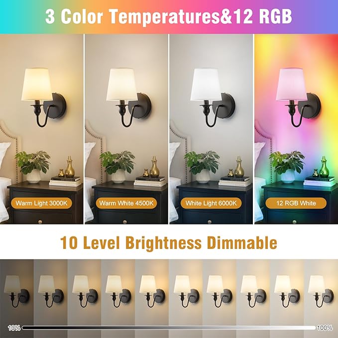 Battery Operated Wall Sconce Set of 2,Rechargeable Wall Sconce with 10000mAh Dimmable Bulb and Remote,LED 15 Colors Black Wireless Battery Powered Wall Lamp with Fabric for Bedroom Living Room