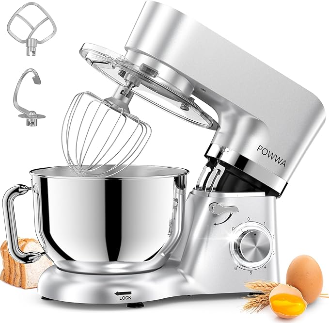 Stand Mixer, POWWA 7.5 Quart Electric Mixer, 6+1 Speed 660W Tilt-Head Kitchen Food Mixers with Whisk, Dough Hook, Mixing Beater & Splash Guard for Baking, Cake, Cookie (Silver-with Handle)