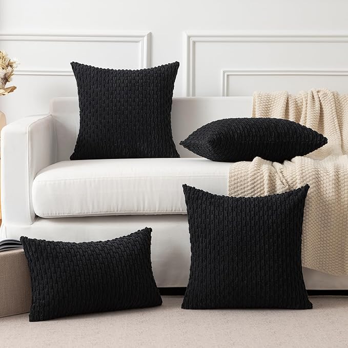Kevin Textile Pack of 2 Corduroy Decorative Throw Pillow Covers 24x24 Inch Soft Boho Striped Pillow Covers Modern Farmhouse Home Decor for Spring Sofa Living Room Couch Bed Black