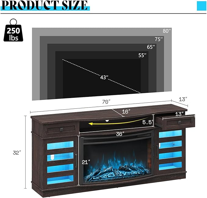 Farmhouse Curved Fireplace TV Stand, 70" LED Light Entertainment Center Table with 36'' Upgrade Electric Fireplace TV Console Cabinet for TVs Up to 80", Dark Walnut