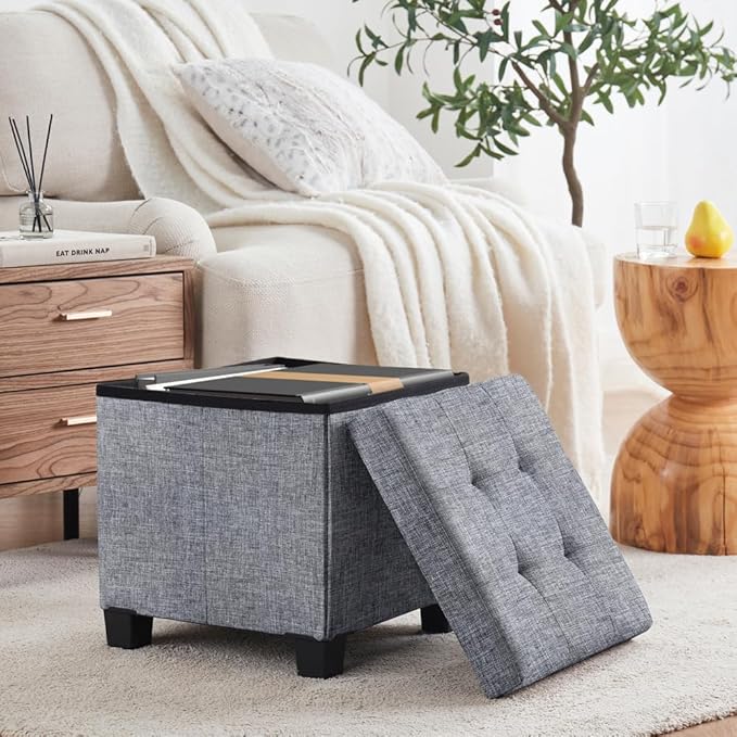 Ornavo Home 15 Inch Folding Storage Ottoman with Storage, Square Cube Linen Small Storage Ottoman Foot Rest Stool with Legs - Gray
