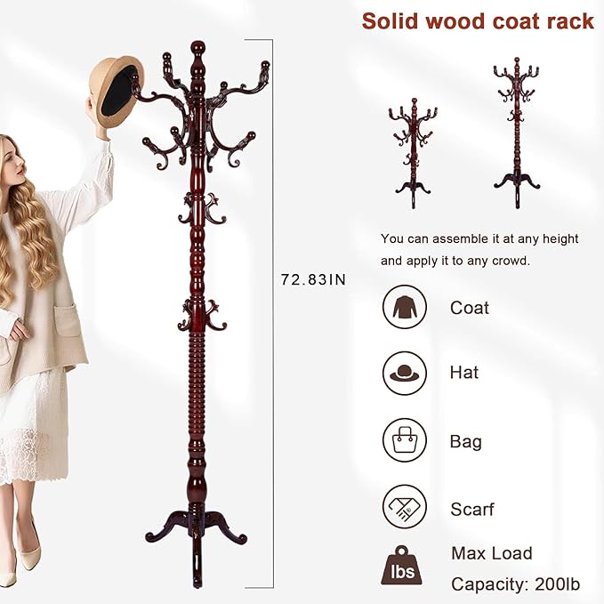 Coat Racks Freestanding, Natural Wood Coat Stands with 14 Hooks, 73" Heavy Duty Adjustable Height Vintage Hall Tree for Entryway, Bedroom, Office, Easy Assembly (Triangular Rosewood)