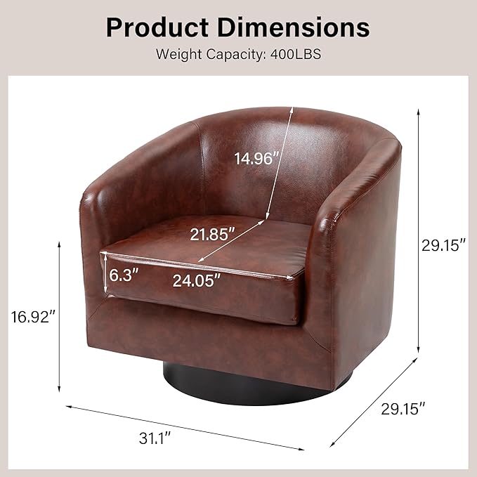 Swivel Barrel Chair, Modern Round PU Leather Accent Armchair for Living Room, Bedroom, Oversized Comfy Club Reading Chairs for Adults (Leather Red Brown, Set of 1)