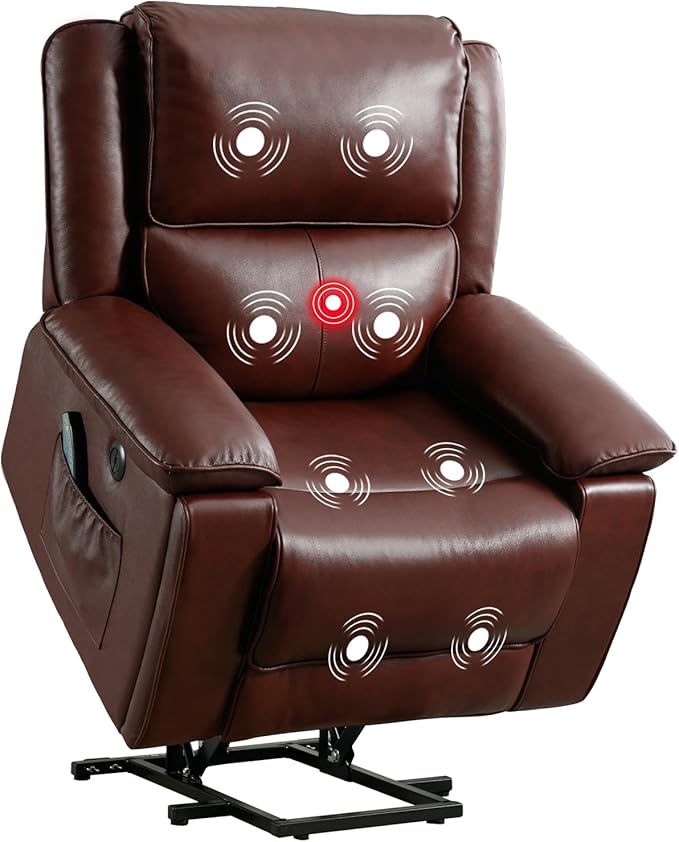 Phoenix Home Genuine Leather Power Lift Recliner Chair with Massage and Heat for Elderly, Electric Reclining Chair with USB Port, Cup Holders, Side Pockets for Living Room Bedroom, Red Brown