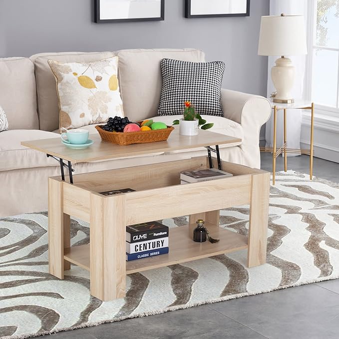 FDW Lift Top Coffee Table with Lift Tabletop Hidden Compartment and Storage Shelf Wooden Living Room Table for Home Reception Room Office,Grey