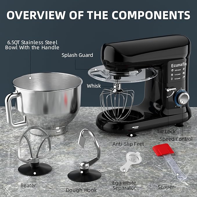 Kitchen Stand Mixer, 6.5Qt Household Stand Mixers, 660W 6+P Speed Tilt-Head Electric Dough Mixer, Food Mixers for Daily Use with Dough Hooks, Whisk, Beater