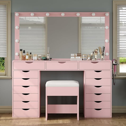 15 Drawers Vanity Desk with Power Outlet, Makeup Table with Mirror and 13 LED Lights, 3 Color Lighting Modes, Brightness Adjustable, Glass Top Dressing Table, Vanity Set for Bedroom, Pink