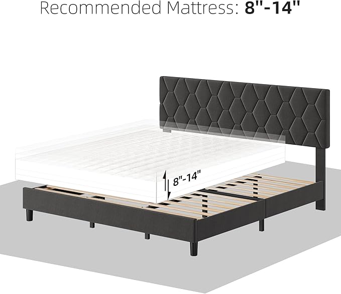 GAOMON Grey King Upholstered Bed Frame with Headboard, Heavy-Duty Platform Bed Frame with Strong Wood Slats, No Box Spring Needed/Easy Assembly/Noise Free