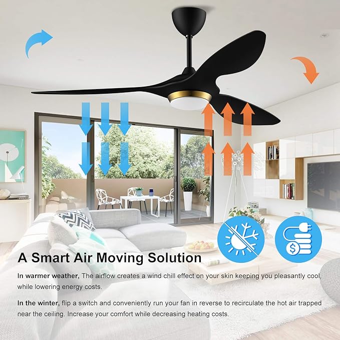 reiga 52 Inch Black Modern Ceiling Fans with Lights and Remote Control, Smart WiFi 3 Blades Quiet DC Motor for Living Room Bedroom Patio Garage, ETL Listed