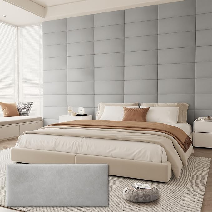 Upholstered Headboard for King Size Bed, Wall Mounted & Peel and Stick Headboard, Soundproof DIY Wall Panels, Leather Head Board in Modern Design for Bedroom (12 Panels, Each 23.62"x9.84"