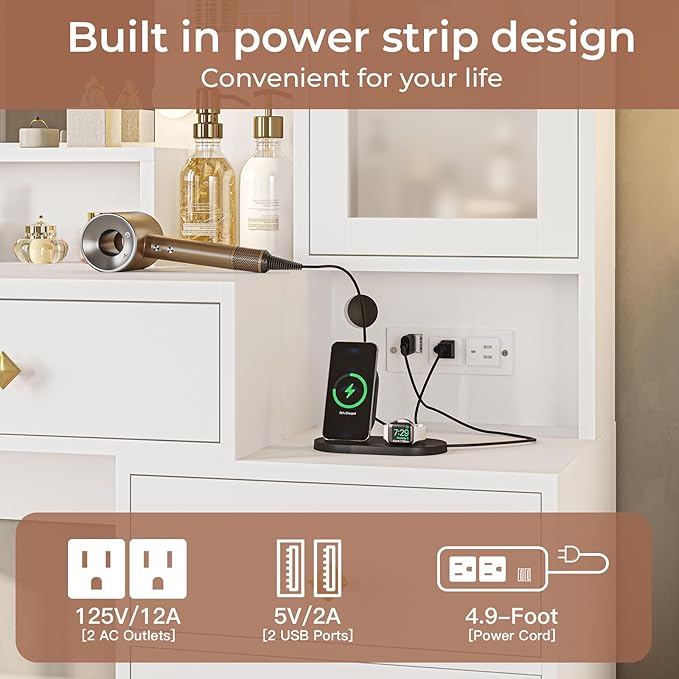 Tiptiper Makeup Vanity Desk with Mirror and Lights & Charging Station, White Vanity Table with 5 Storage Drawer & Glass Door & 3 Shelves for Bedroom, Modern White