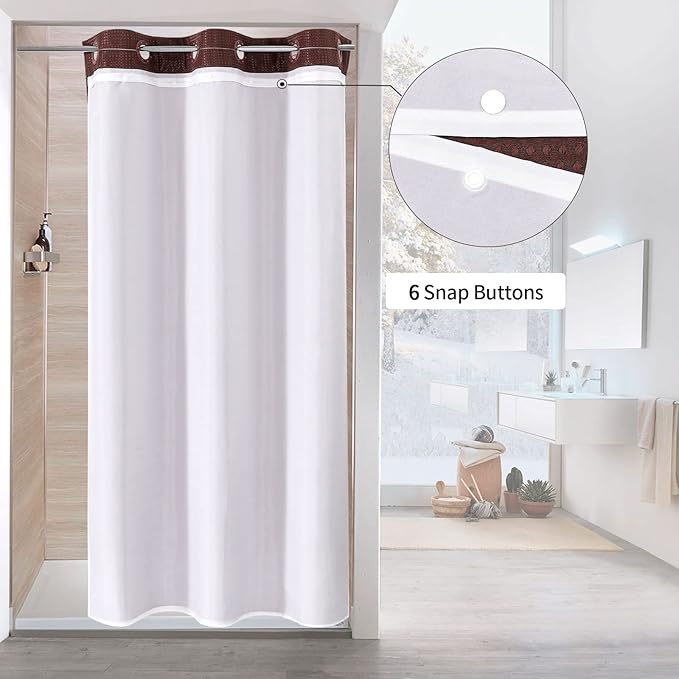 MitoVilla Brown Waffle Small Stall Shower Curtain 36 x 74, No Hooks Required Half Size Narrow Fabric Shower Curtain Set with Snap-in Liner for Modern Bathroom Decor, Dark Brown