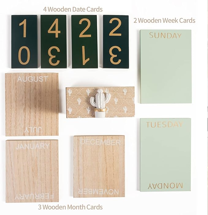 Perpetual Desk Calendar, Wooden Calendar Vintage Office Supplies Block Home Office Aesthetic Boho Desk Accessories Green Cactus Decor Gift