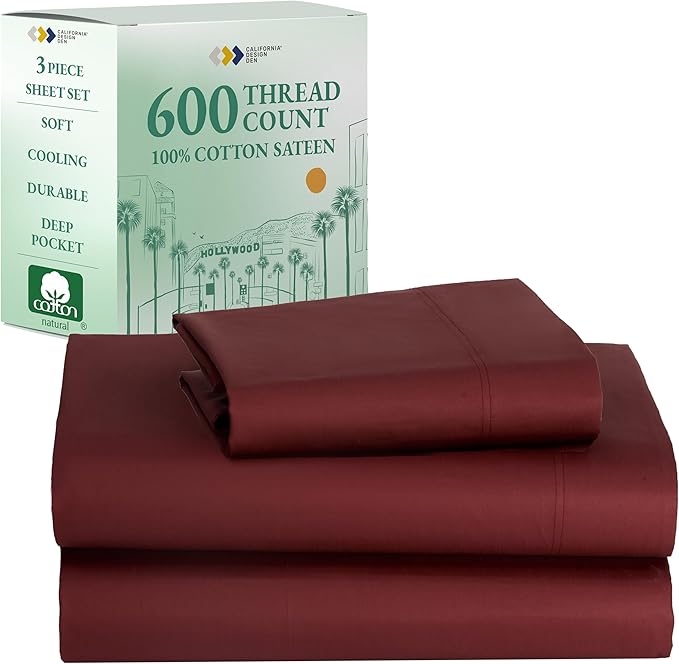 California Design Den 100% Cotton Twin Sheets Set - Luxury 600 Thread Count, Sateen Weave, Cooling Deep Pocket Sheets Twin Size Bed Set, Hotel Quality Silky Sheets - Brick Red