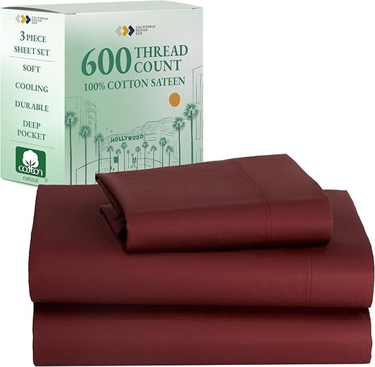 California Design Den 100% Cotton Twin Sheets Set - Luxury 600 Thread Count, Sateen Weave, Cooling Deep Pocket Sheets Twin Size Bed Set, Hotel Quality Silky Sheets - Brick Red
