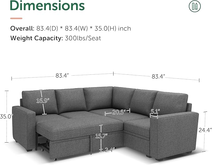 HONBAY Sectional Sleeper Sofa with Pull Out Bed, L Shaped Couch with Storage Seat, Modular Sectional Couches for Living Room, Dark Grey