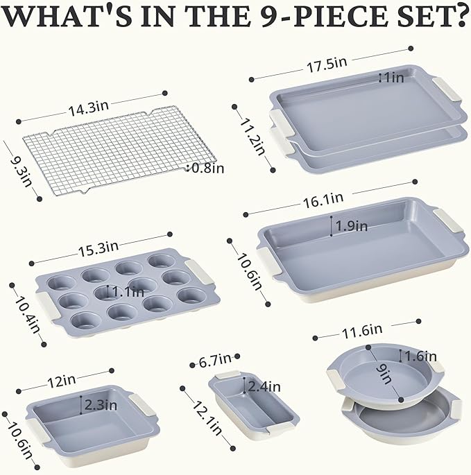 BRONYPRO Nonstick Ceramic Bakeware Set (9 Pieces),Heavy Duty Aluminized Steel Bakeware-Baking Pans Set with Silicone Handles,Includes Sheet Pans,Loaf Pan,Muffin pan,Cake pans,PTFE & PFOA Free - White