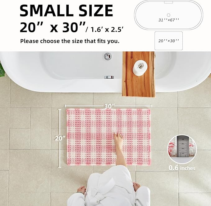 Waffle Bath Mat, Boho Bathroom Rugs Non Slip Washable Absorbent Checkered Bathroom Mat Quick Dry Cute Bath Mat, 30"x20" Pink and White