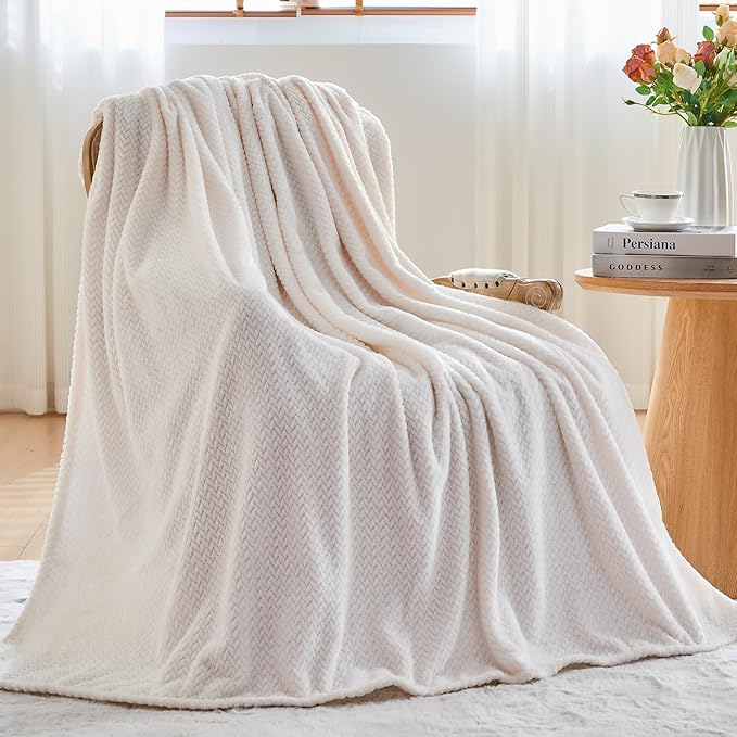 NEWCOSPLAY Super Soft King Blanket Ivory Premium Silky Flannel Fleece Leaves Pattern Lightweight Bed Blanket All Season Use (Ivory, King(90"x110"))
