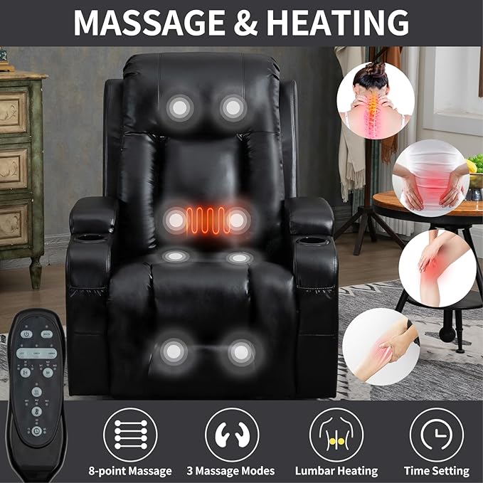 PELUMY Power Lift Recliner Chair for Elderly with Massage & Heat - Heavy Duty Electric Lift Chair, Oversized Recliner, Lay Flat, 8-Point Vibration, Lumbar Heating, USB Port, Cup Holders (Black)