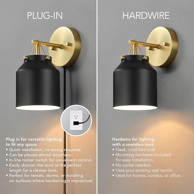 GLOBE Electric 65000102 1-Light Plug-in or Hardwire Wall Sconce, Matte Black, Matte Brass Accents, 6ft Black Braided Fabric Cord, in-Line Rocker Switch, Wall Lights for Living Room