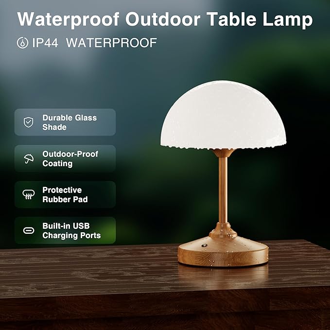 Mushroom Lamp Table Lamp Waterproof,Desk Cordless Battery Operated Lamps for Bedroom,Outdoor Cordless Rechargeable Touch Bedside Lamps for Night Stands,5000mAh LED Night Light for Living Room