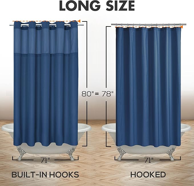 Long No Hook Slub Textured Shower Curtain with Snap-in PEVA Liner Set - 71" x 80"(78"), Hotel Style with See Through Top Window, Navy Blue Fabric Curtain & Waterproof Liner, Navy Blue, 71x80