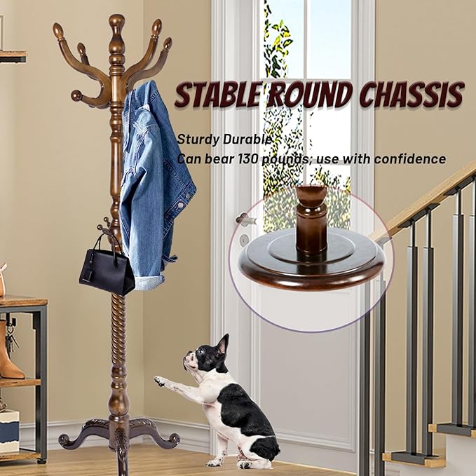 73 in Wood Coat Rack, Coat Rack Freestanding with Stable Round Base, Adjustable Height Tree Coat Racks Stand for Home Bedroom Office Hallway Entryway (Triangular Antique)