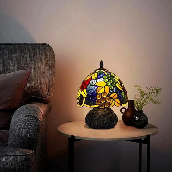 Small Tiffany Stained Glass Lamp, 3 Color Temperatures Bedside Lamp, 8 Inch Mushroom Desk Light for Bedroom Living Room Office Home Decor (Yellow Leaf Grapes)