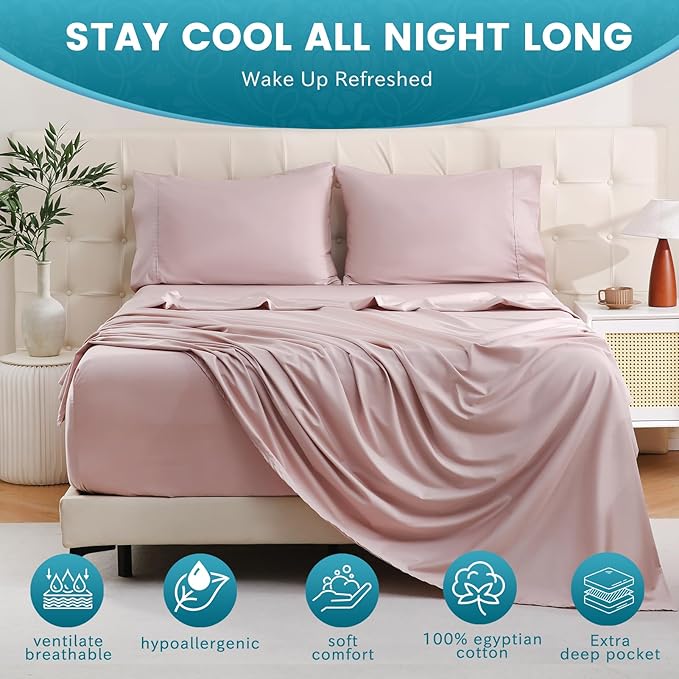 Bedlifes King Sheet Set, Extra Deep Pocket 18-24 Inches,1000Thread Count 100% Egyptian Cotton, Soft and Breathable Sateen 4-Piece,Light Pink