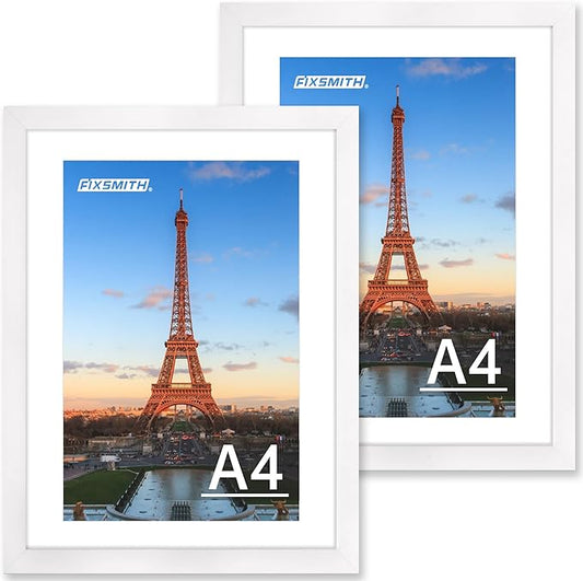 FIXSMITH A4 Picture Frame Set of 2, White Photo Frame with HD Plexiglass, Display Pictures 6x8 with Mat or 8.3x11.7 Without Mat Multi Picture Frames Collage for Tabletop or Wall Display
