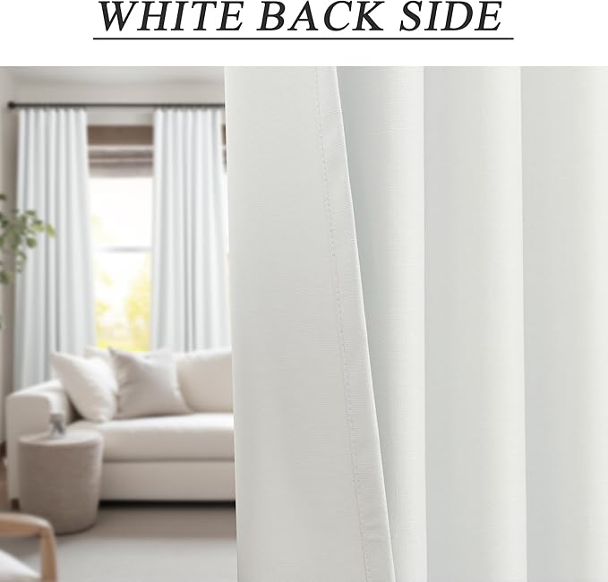 Farmhouse Linen Blackout Curtains for Living Room 96 Inches Long 2 Panel Back Tab Pleated Sun Heat Light Blocking Thermal Viral Cute Bedroom Drapes for Patio Sliding Doors Floor Length Off White Ivory