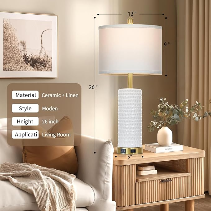 26" White Table Lamps for Living Room Set of 2, Ceramic Bedroom Lamps for Nightstands, Modern Bedside Lamps for Bedroom Living Room, Nightstand Lamps for End Table, Hallway, Gold and White