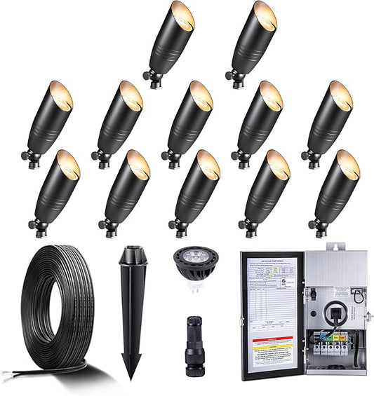 Black Brass Landscape Lighting Kit (12-Pack Spotlights) with 300W Low Voltage Transformer and Mechanical Timer and 250FT Wire and 50Pack Connectors for Outdoor Garden Patio